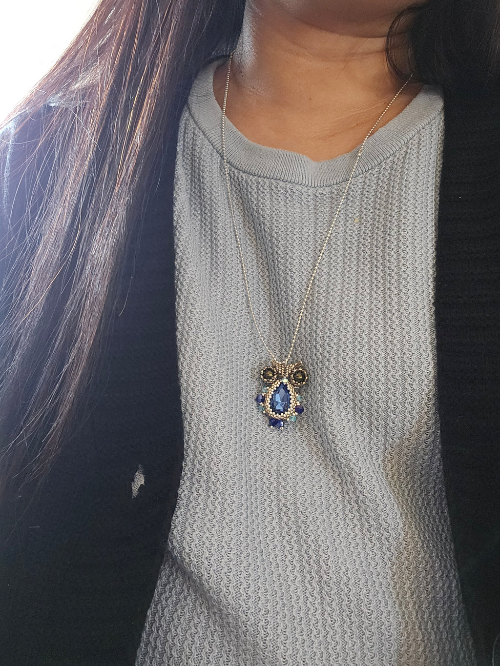 Handgjort Boho Uggla Halsband – Blå Kristall & Toho Beads